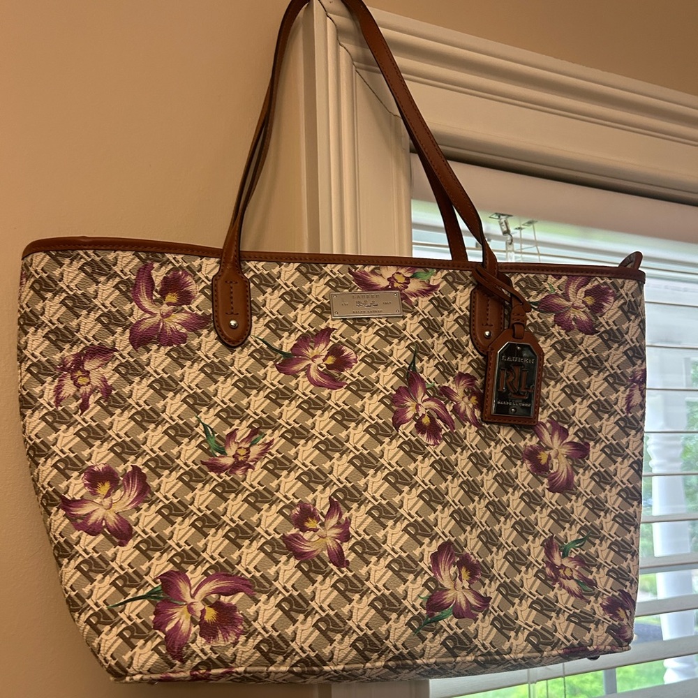 Ralph Lauren Elegant Floral Tote Bag with Brown Trim
